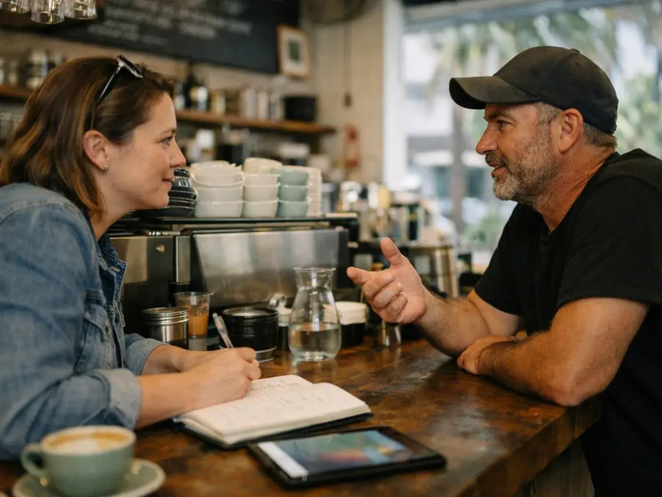 Two people sit at a café counter, talking over a notebook, coffee cups, and a water carafe