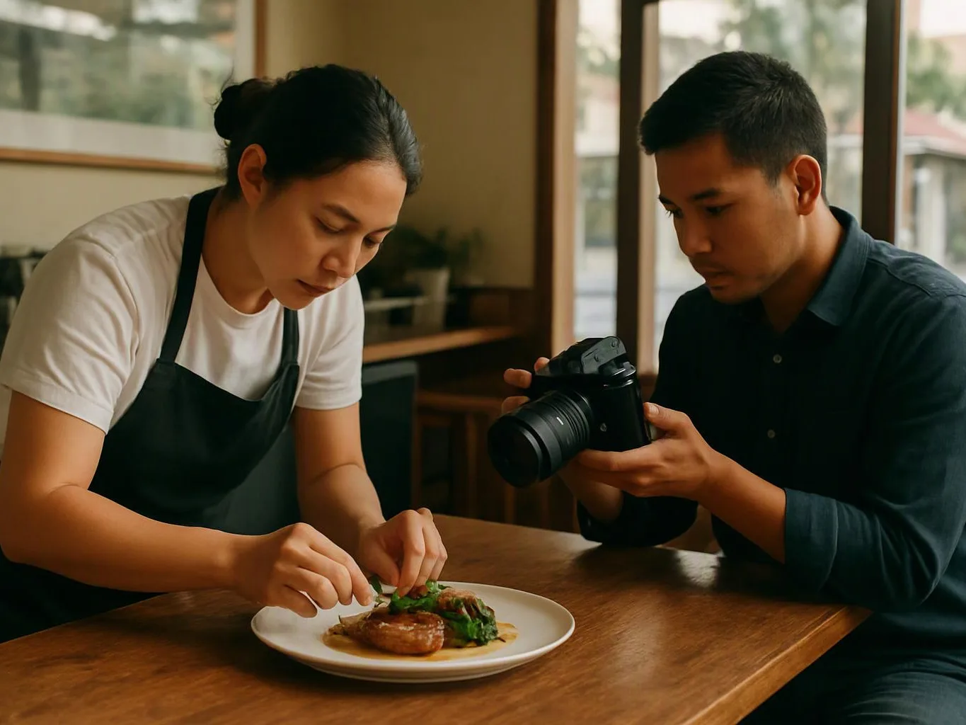 A woman plates food on a table while a man photographs it with a camera in a cafe