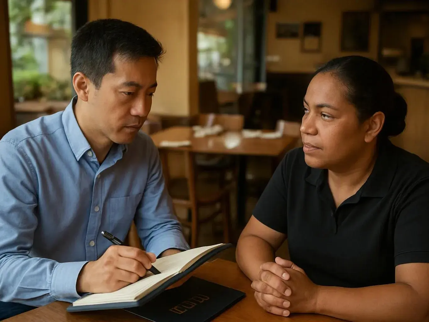 Two people sit at a restaurant table, one writing in a notebook while the other watches closely