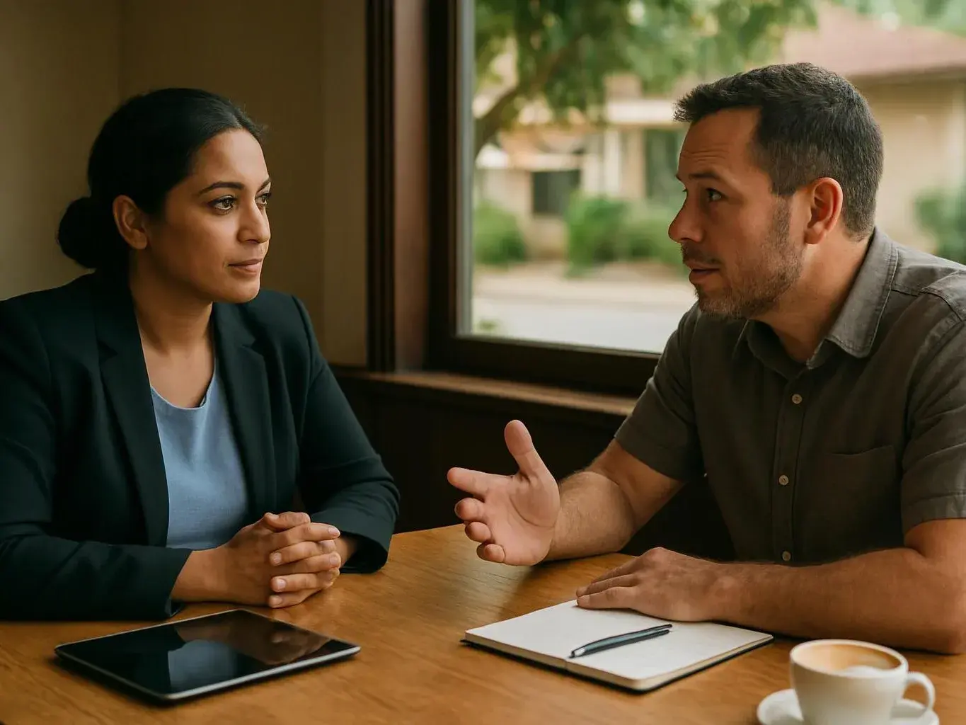 Two people sit at a table, talking across a notebook and tablet near a window with soft outdoor light