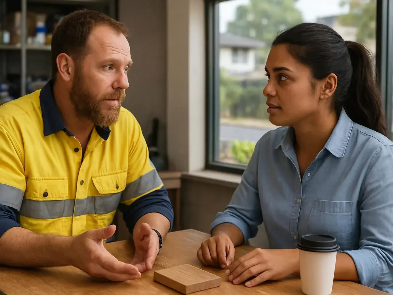 Two people sit at a table, talking beside a window with a takeaway cup and a small wooden block