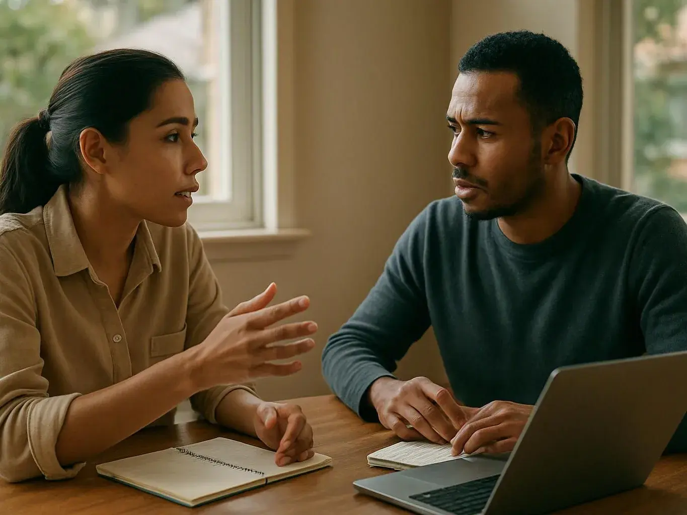 Two people sit at a table, talking over notes beside an open laptop in a bright room