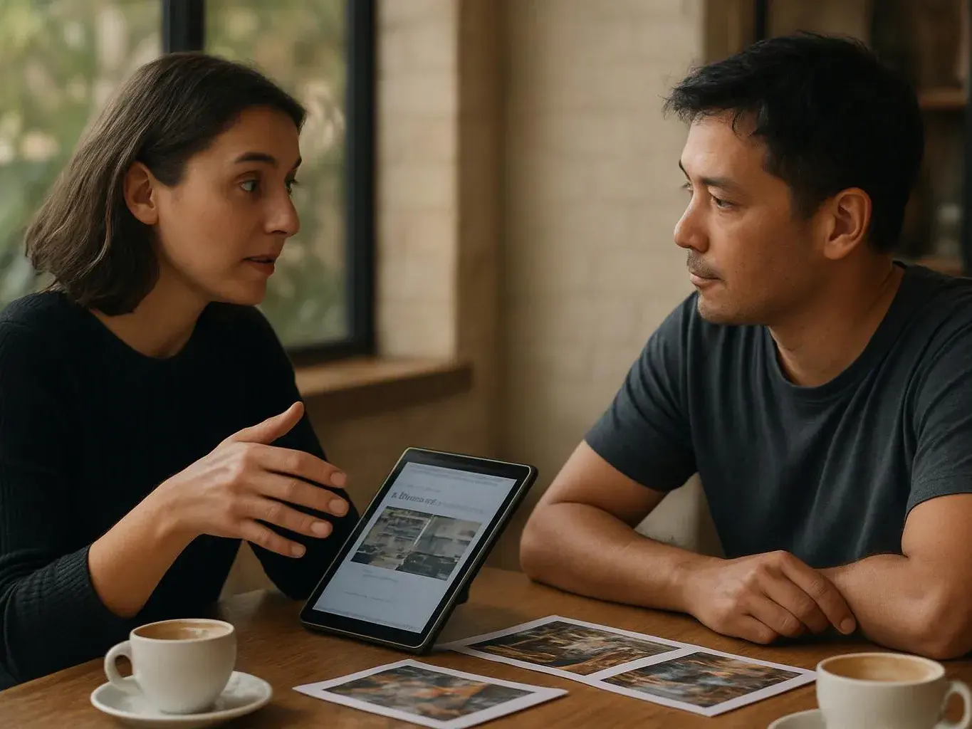 Two people sit at a table, talking over a tablet and printed photos in a cozy cafe