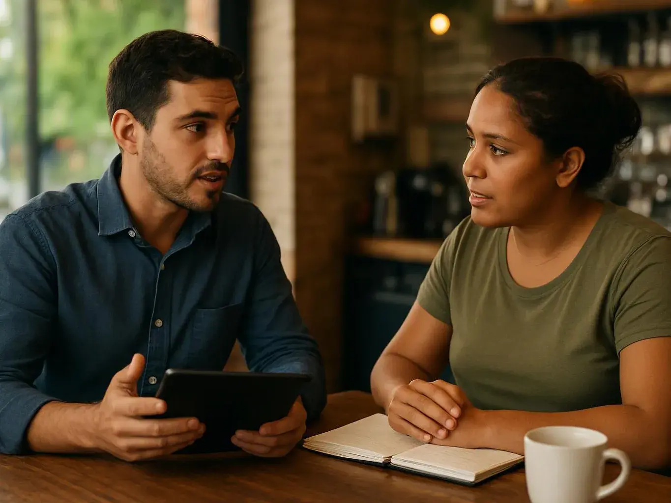 Two people sit at a wooden table in a café, one holding a tablet while they talk over an open notebook and mug