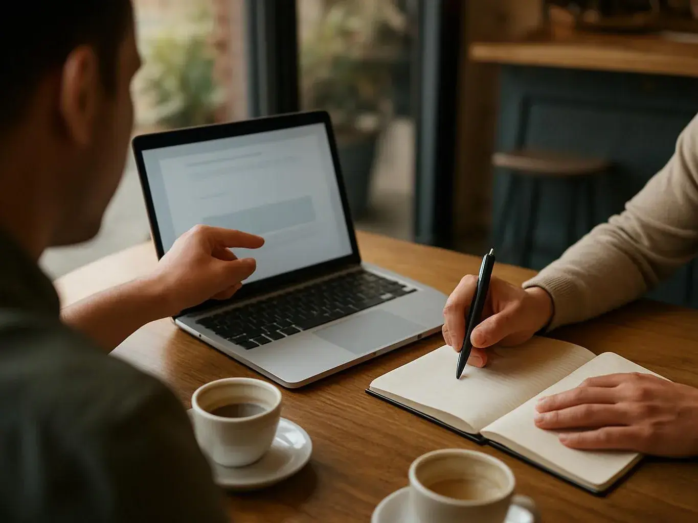 Two people sit at a wooden table, one points at a laptop while the other writes in a notebook beside coffee cups