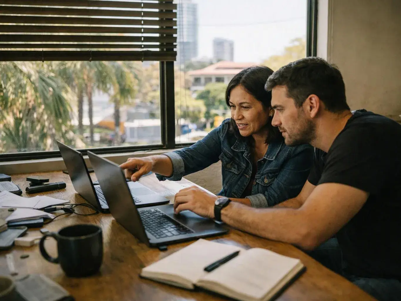 Two people sit at a wooden table, pointing at a laptop in a bright room with large windows