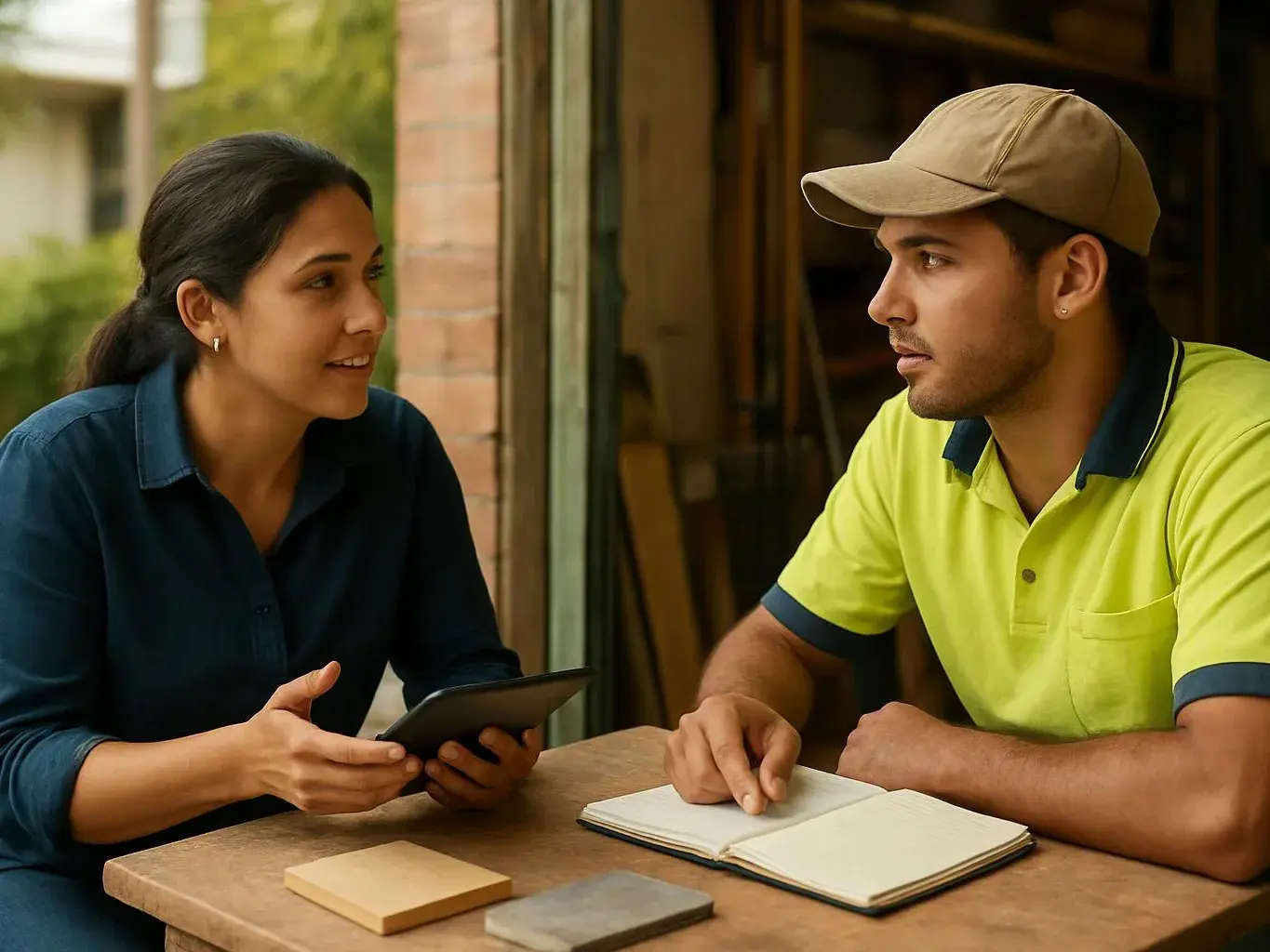 Two people sit at a wooden table, talking while one holds a phone and the other points at an open notebook