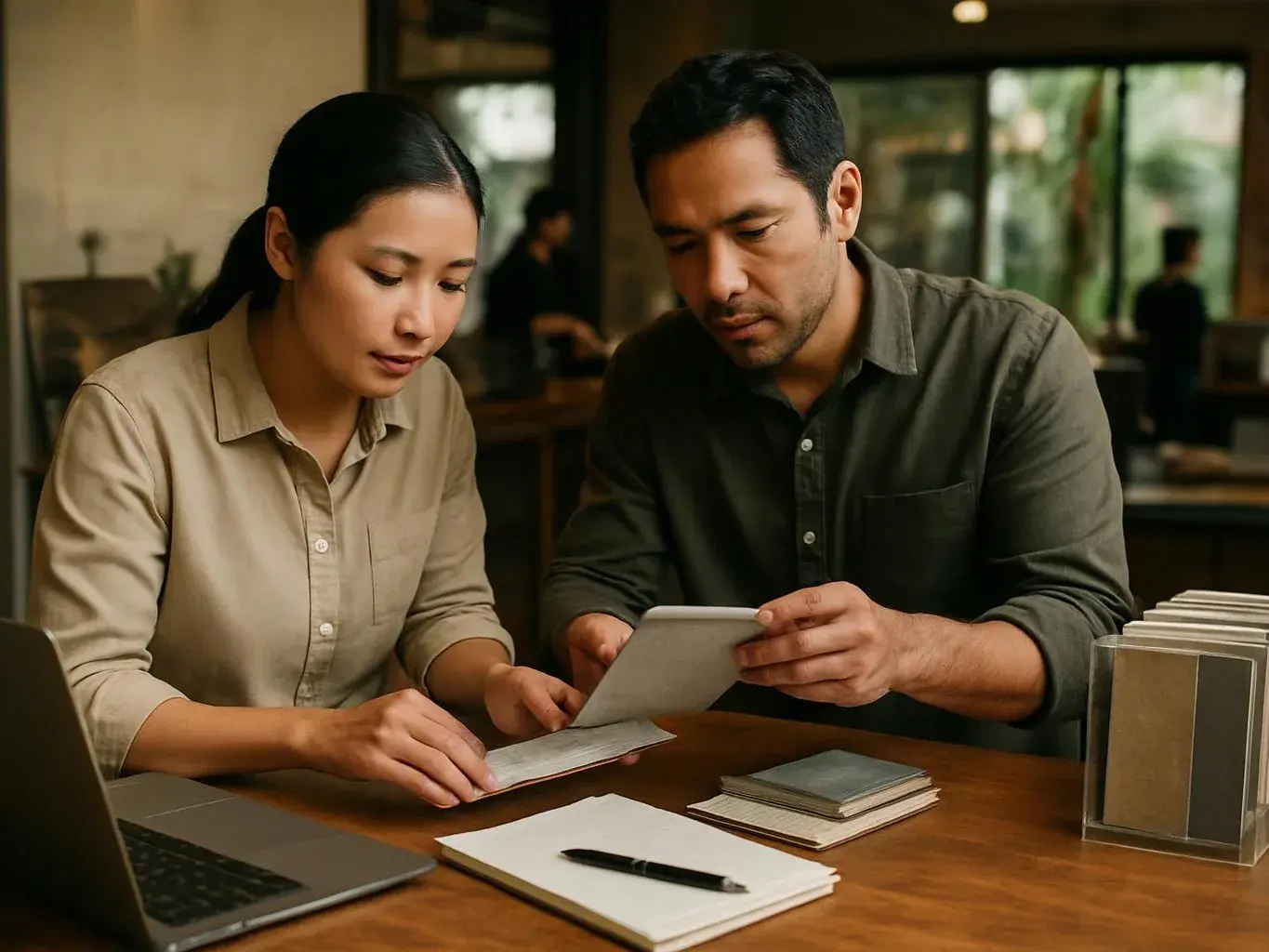 Two people study papers and a tablet at a wooden table in a quiet café