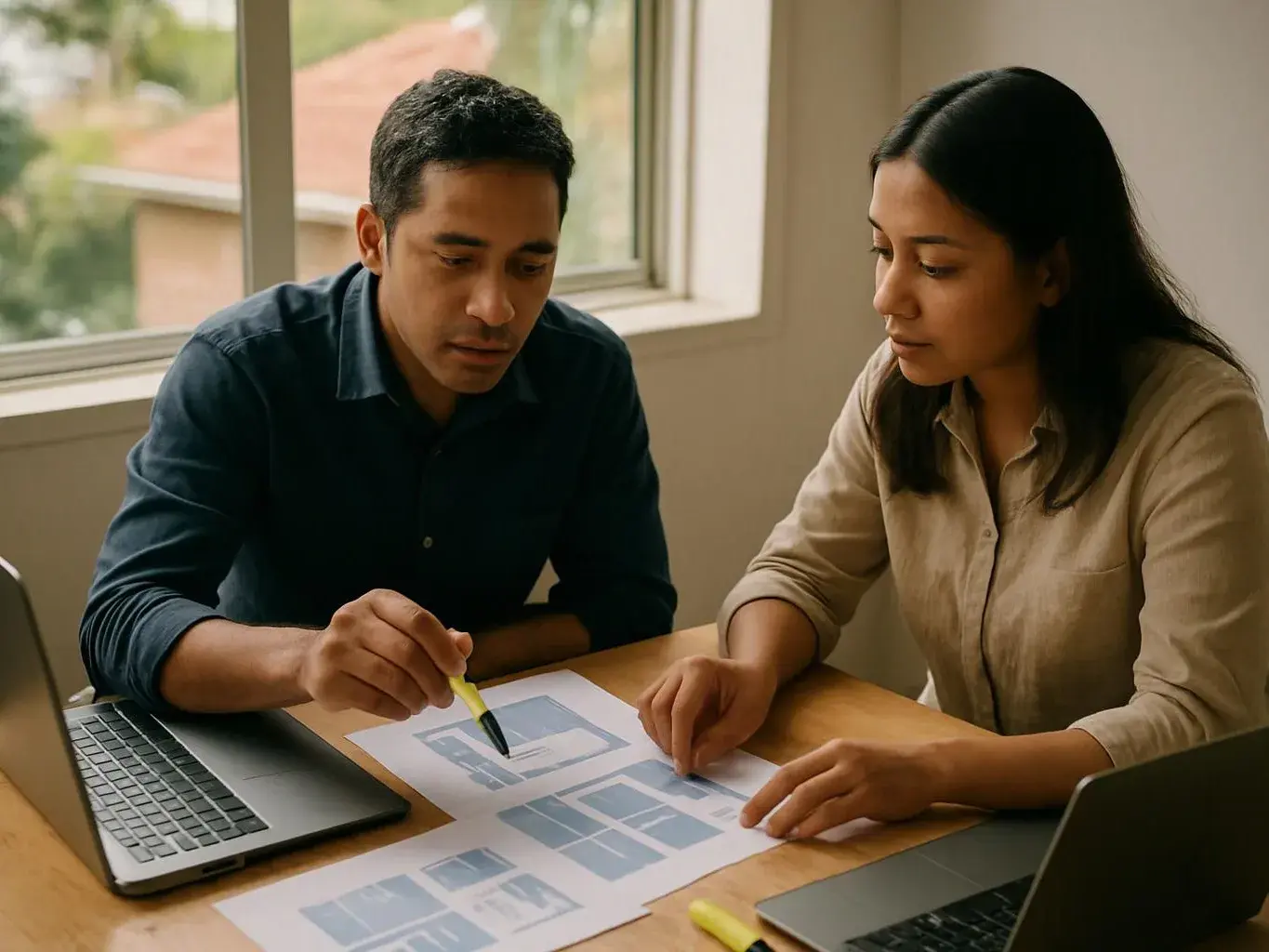 Two people study printed charts at a table with open laptops in a bright room