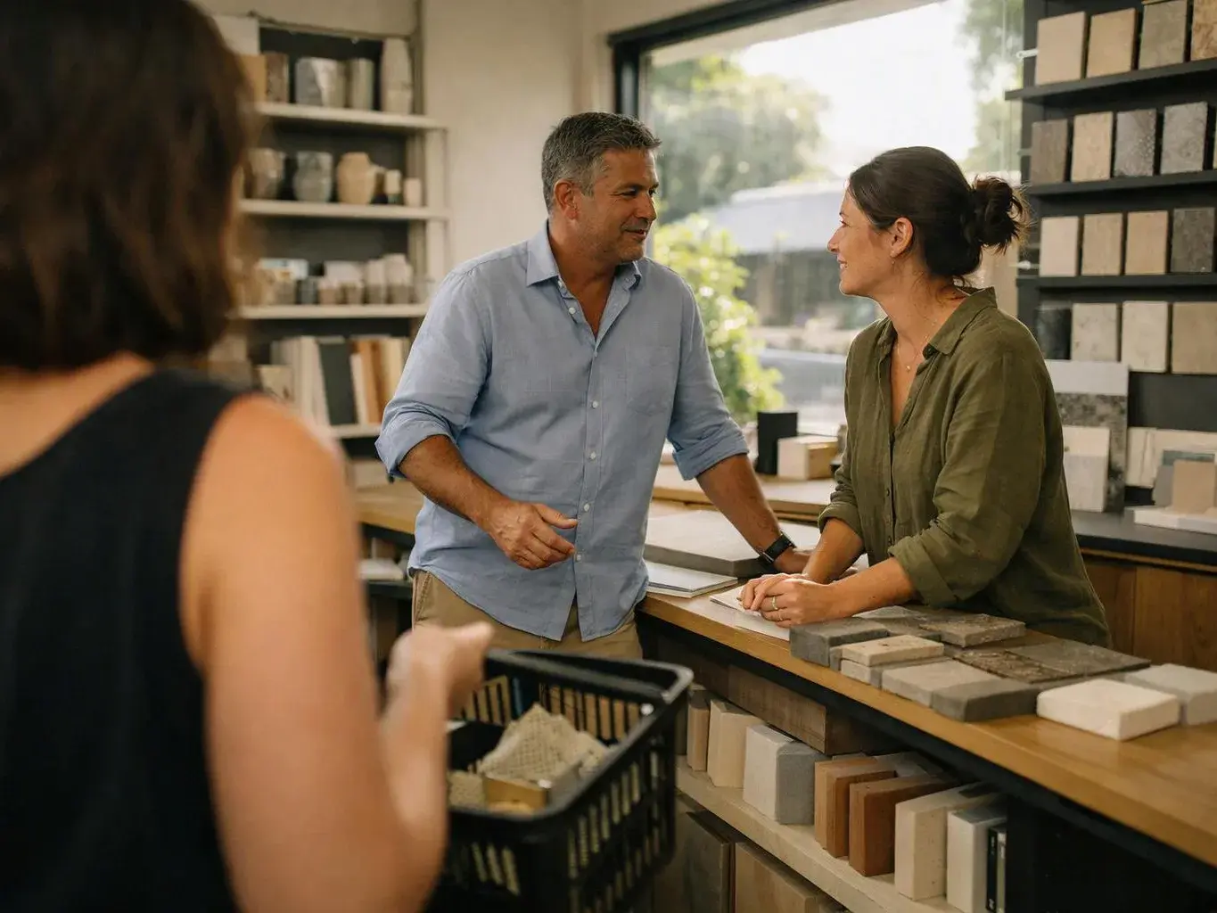 Two people talk across a counter in a tile showroom, with sample tiles and shelves around them
