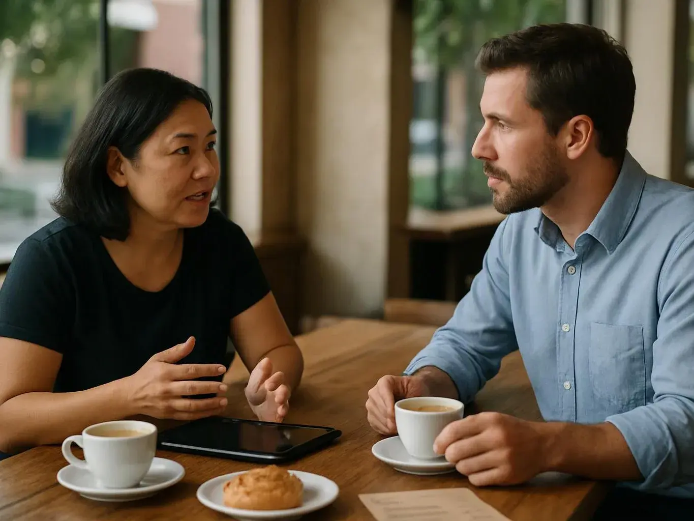Two people talk across a wooden table with coffee cups, a pastry, and a tablet in a cafe-like setting