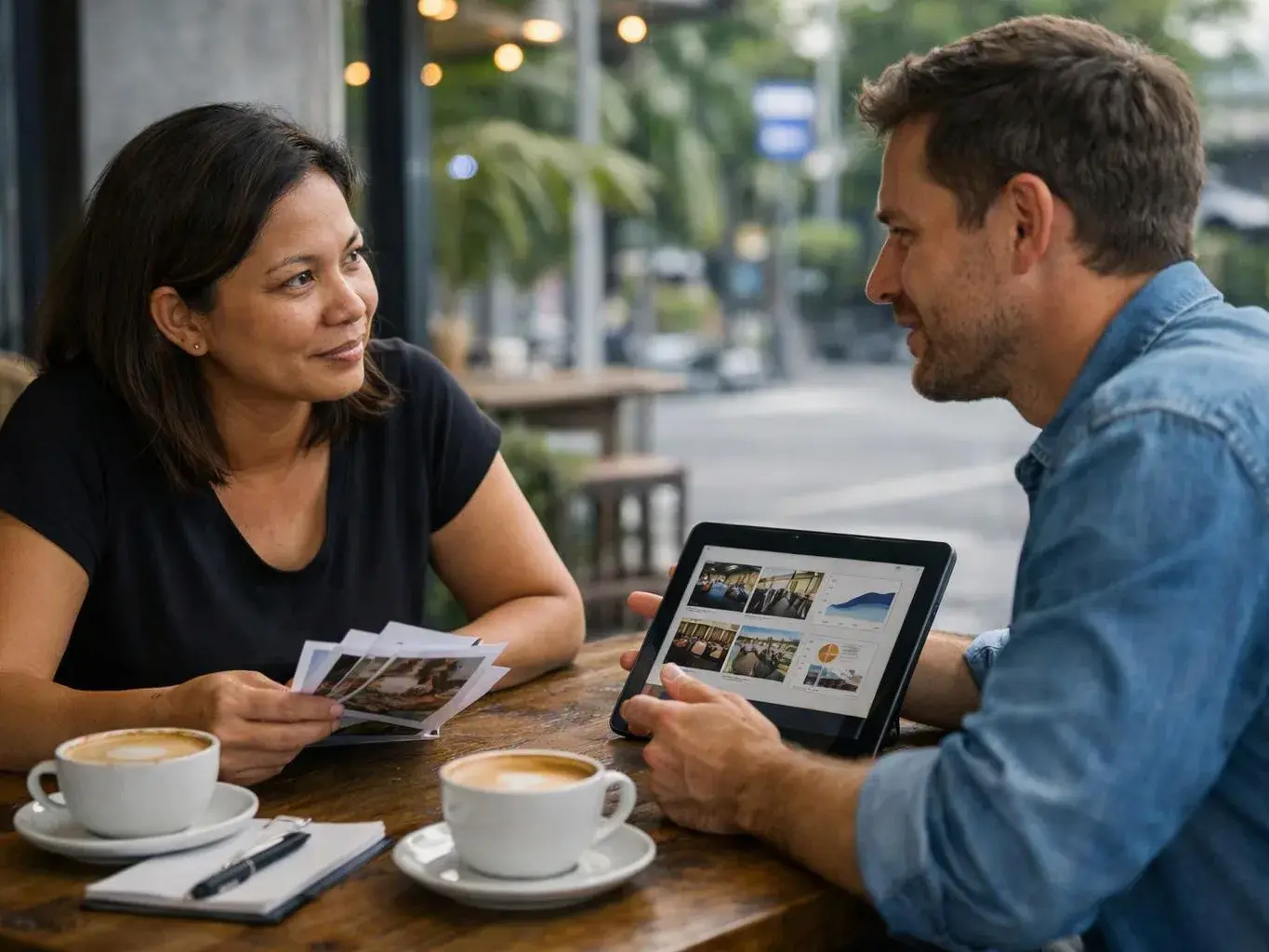 Two people talk at an outdoor café table, holding photo prints and a tablet with image thumbnails