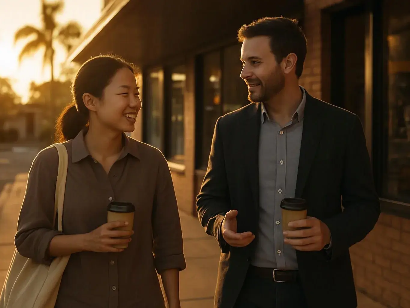 Two smiling people walk beside a brick building at sunset, each holding a coffee cup