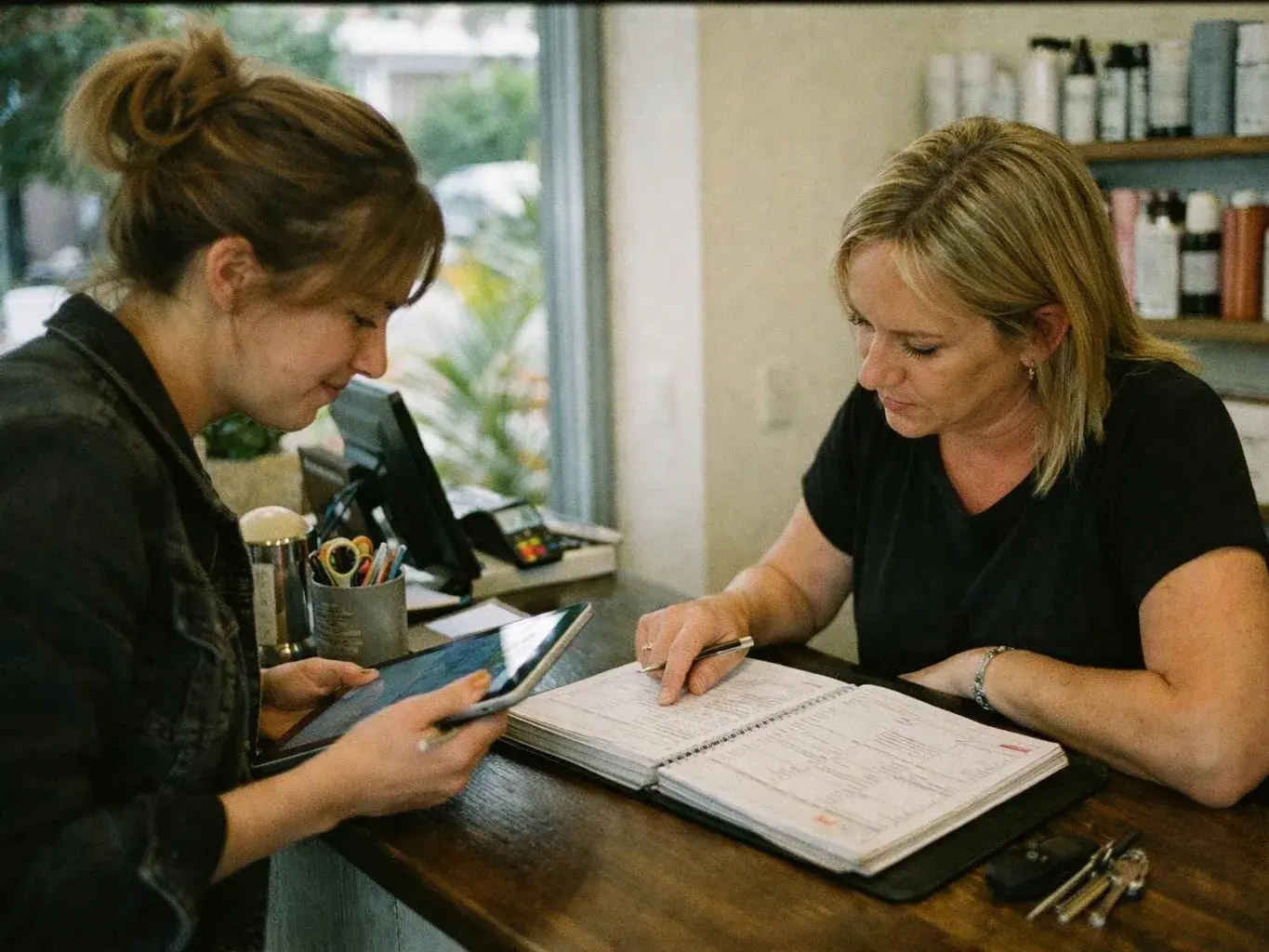 Two women review a paper ledger at a counter while one holds a tablet in a salon-like room