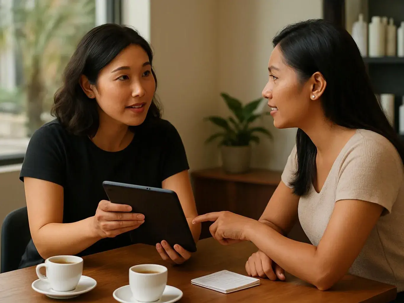 Two women sit at a wooden table, talking over a tablet with coffee cups and a notepad nearby