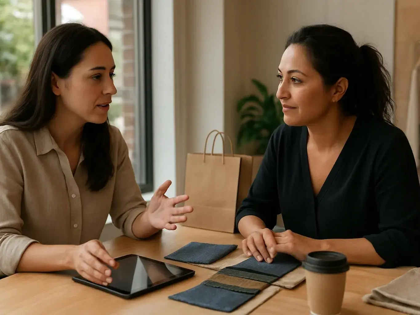 Two women talk across a table with fabric swatches, a tablet, coffee, and paper shopping bags in a bright room