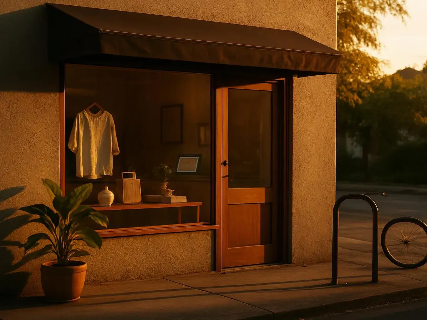 A warm-lit storefront window displays a white shirt, a potted plant, and small decor beside a wooden door