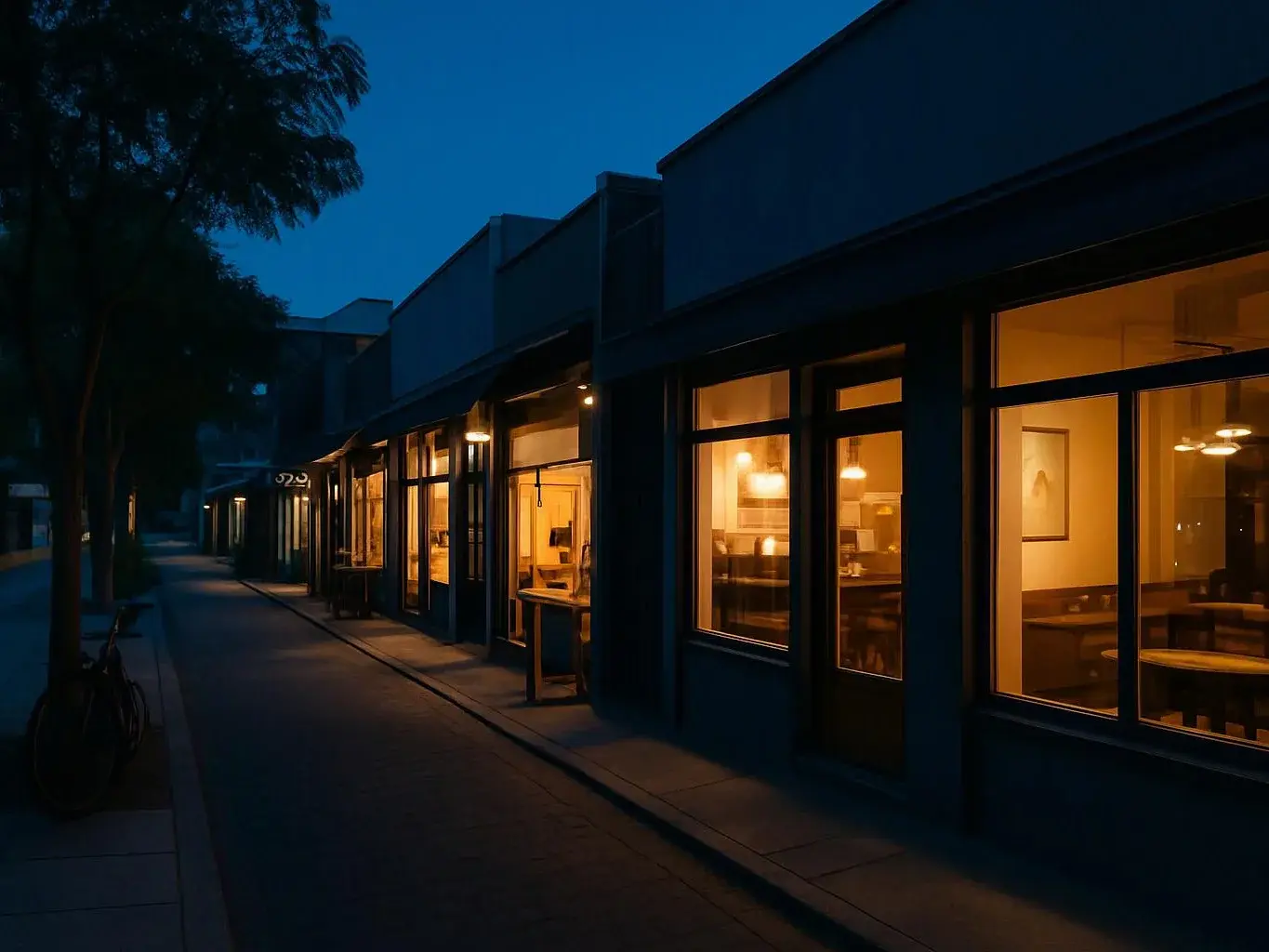 Warm-lit storefront windows line a quiet sidewalk at dusk beside dark trees and a deep blue sky
