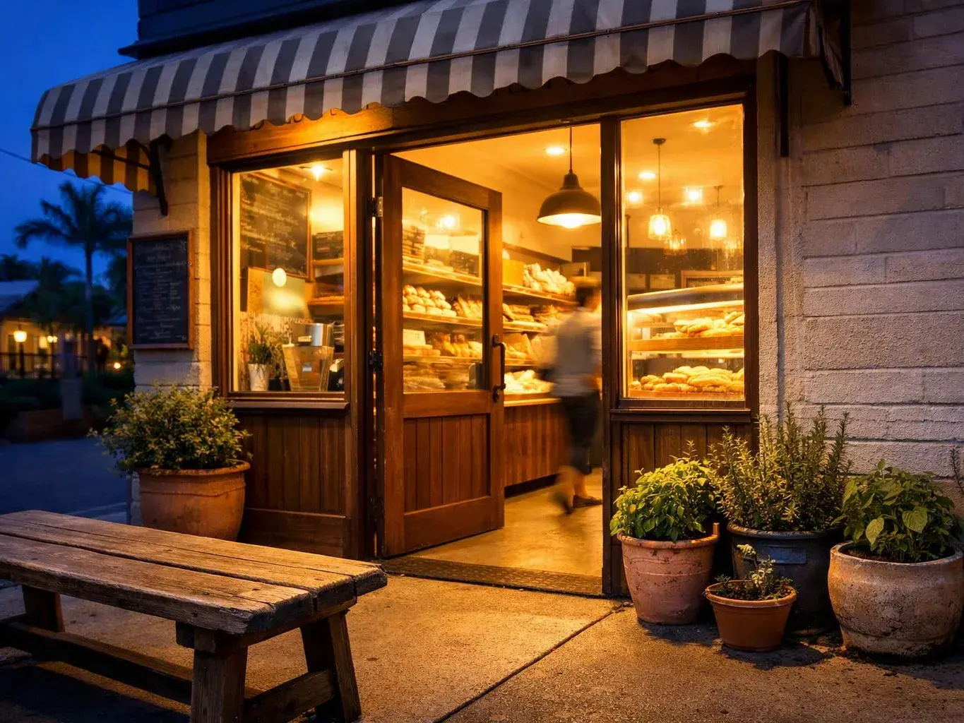 A warmly lit bakery storefront shows bread displays through open doors, with potted plants and a wooden bench outside