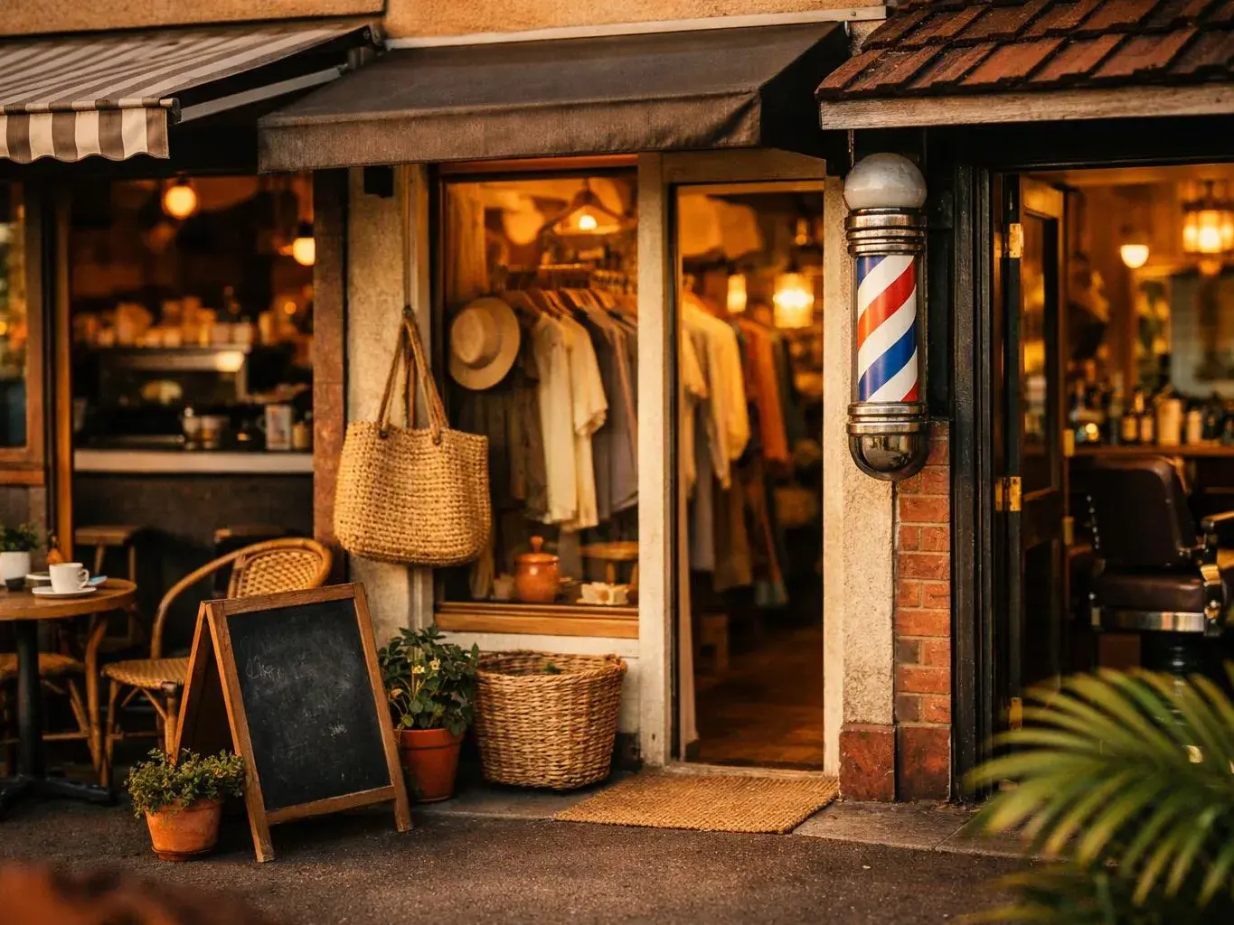 A warmly lit storefront shows a barber pole, woven baskets, a chalkboard sign, and clothes hanging inside
