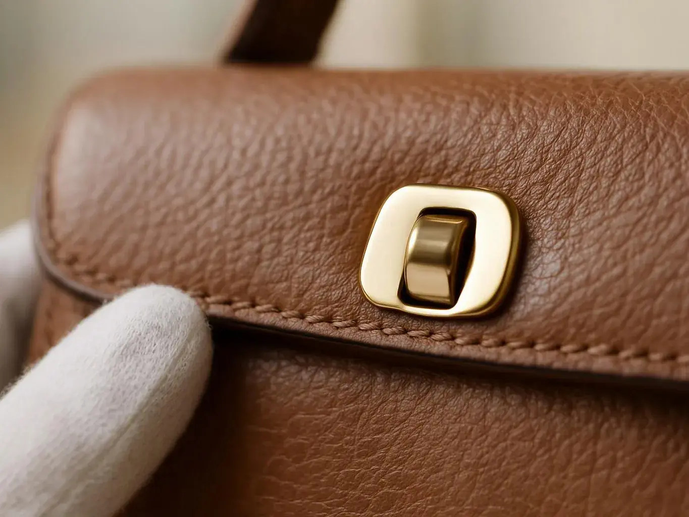 A white-gloved hand touches a brown leather bag clasp with a gold metal fastener