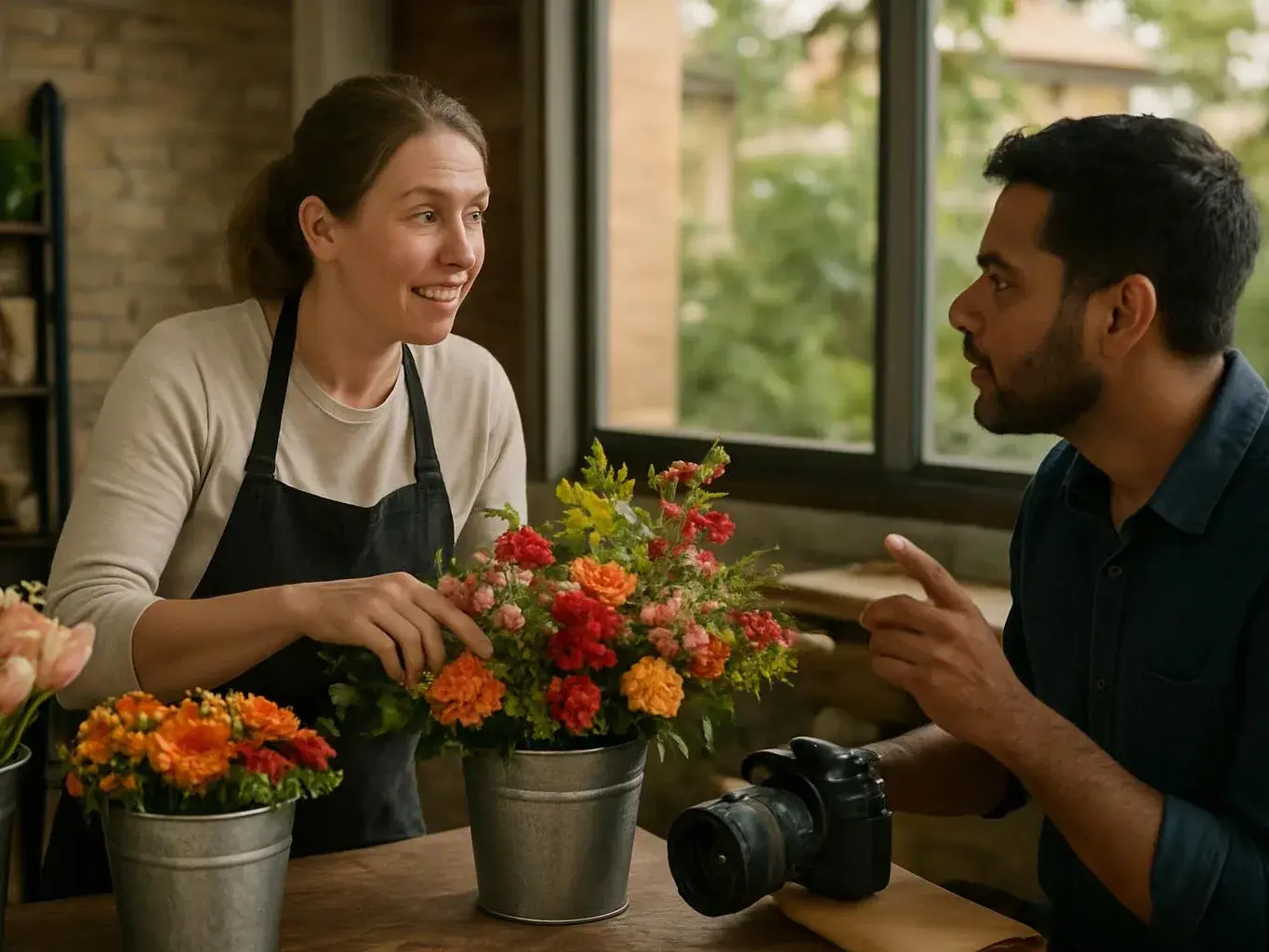A woman arranges colorful flowers in a metal bucket while a man points and talks beside a camera on the table