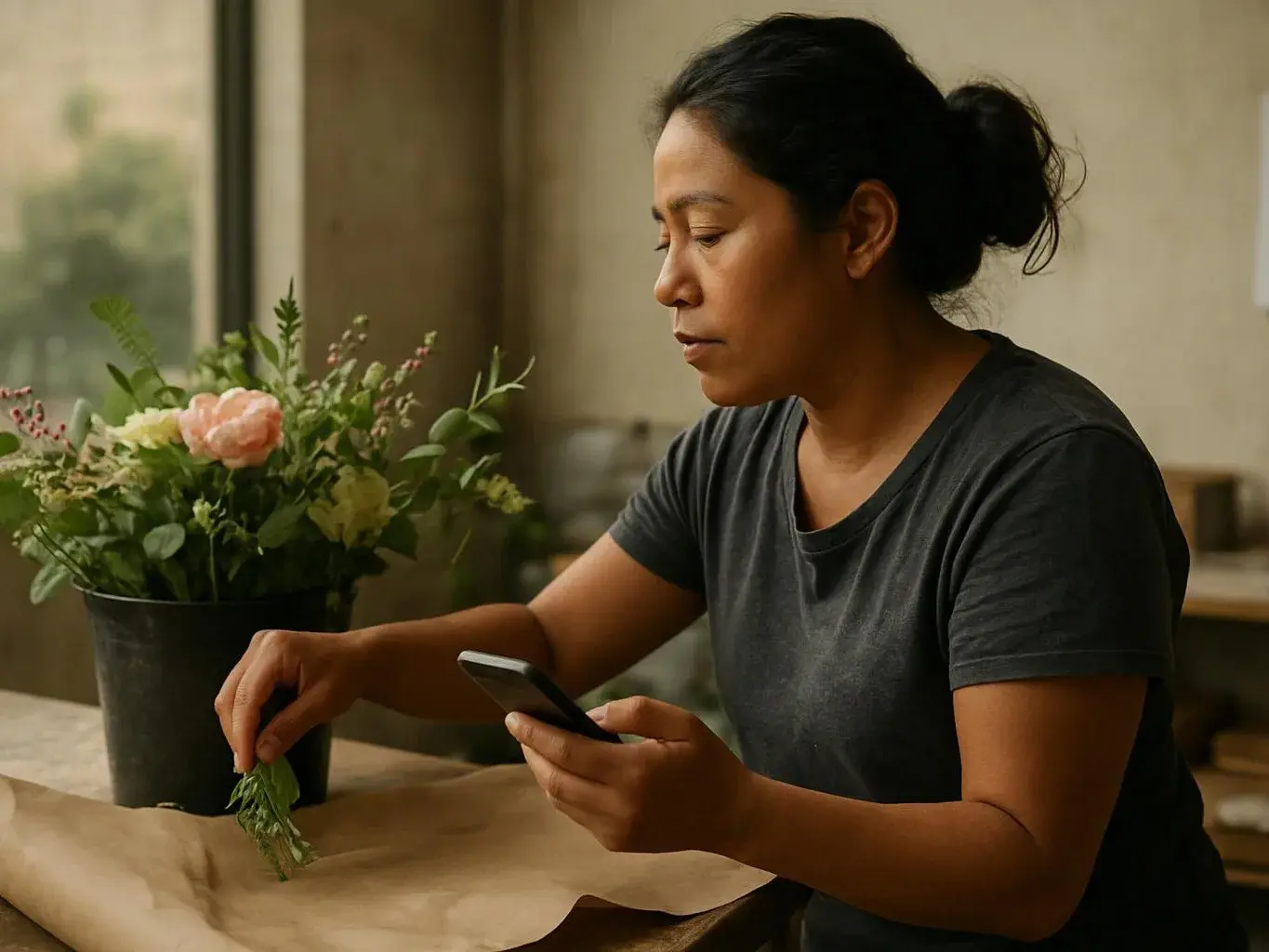 A woman arranges flowers on paper while looking at a smartphone in a softly lit room