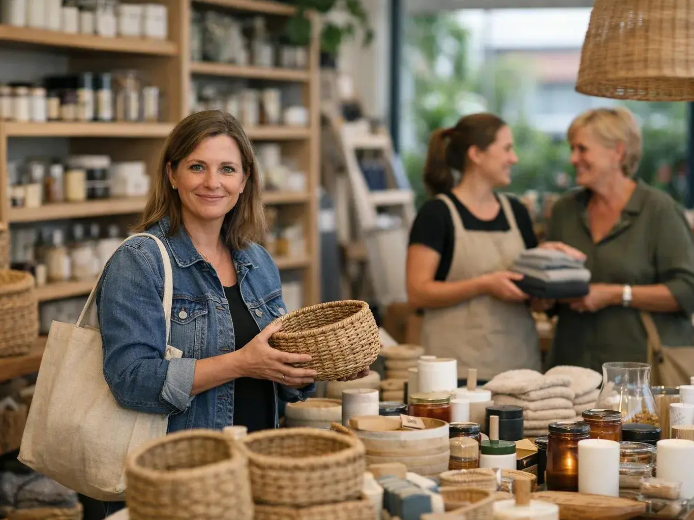 A woman in a denim jacket smiles while holding a woven basket in a cozy shop filled with jars, candles, and home goods