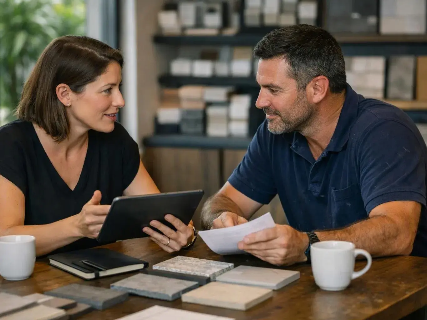A woman and man talk at a table, looking at a tablet and paper samples in a bright room