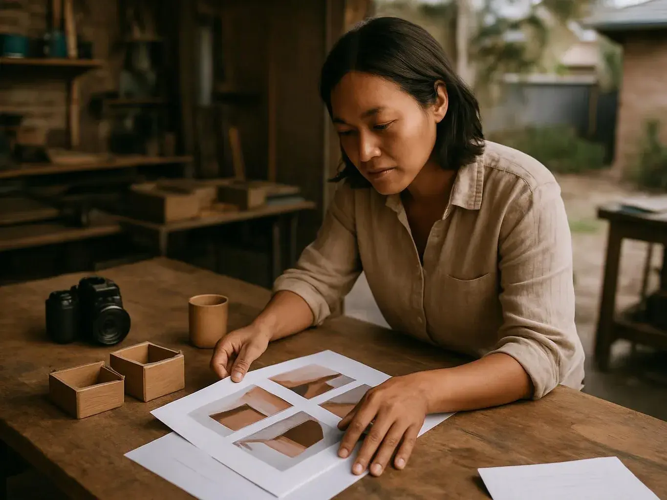 A woman studies paper cutout templates at a wooden worktable in a craft studio