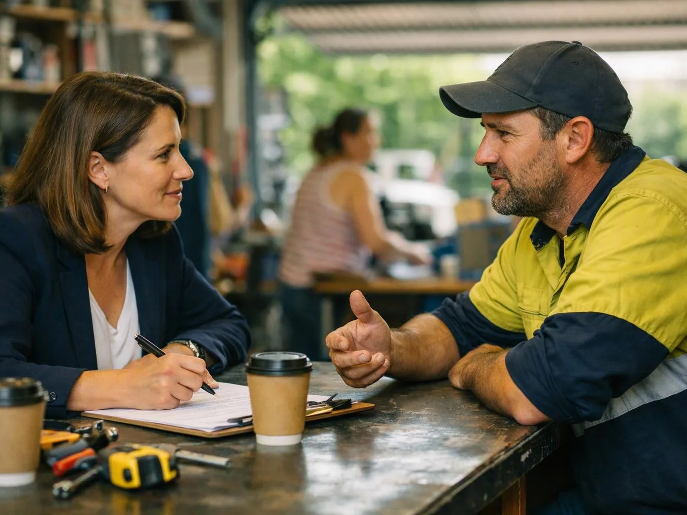 A woman takes notes while talking with a man in work clothes across a tool-strewn table in a workshop