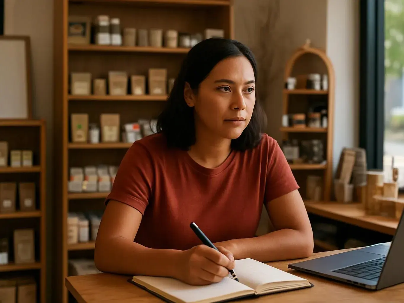 A woman writes in a notebook beside a laptop, with shelves of packaged goods behind her