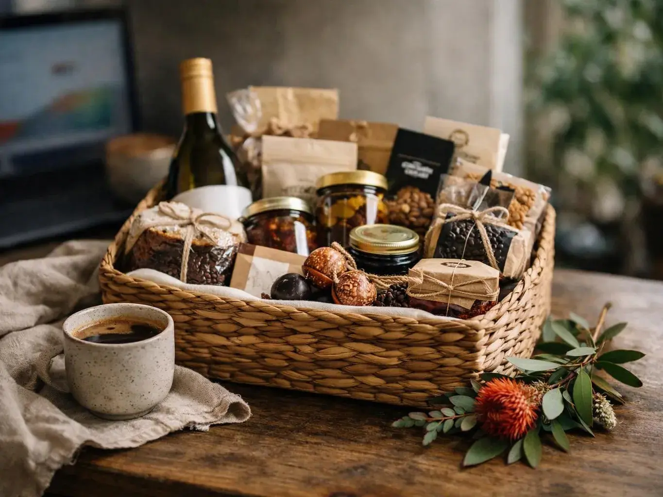 A woven gift basket holds wine, jars, packets, and sweets beside a coffee cup on a wooden table